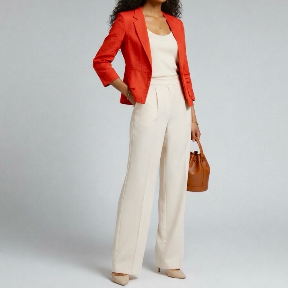 New York & Company Stretch Linen Blend Orange Tailored Peplum Blazer Size 0